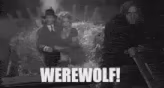 Hooded cart driver (an Igor) driving 2 people in a haycart towards a castle, with subtitles

Werewolf?
Werewolf? 

There. (the cart driver points)
What? 
There wolf?