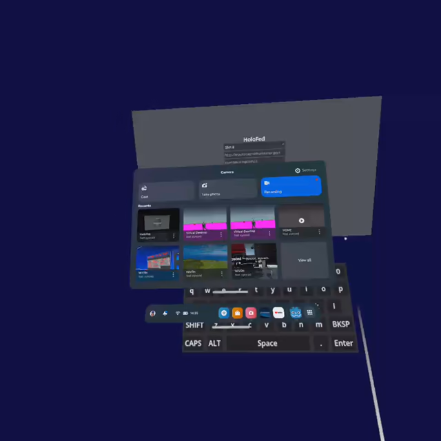 Video showcasing standalone version of HoloFed v0.6.2 on Quest 1, basic controller movement, grabbing/interacting with items, switchable avatars, interactive screen, main menu system etc.