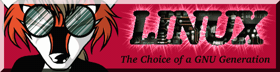 The banner states "Linux The Choice of a GNU Generation" with the face of a fox like creature that was once a possible Linux mascot in the early days.