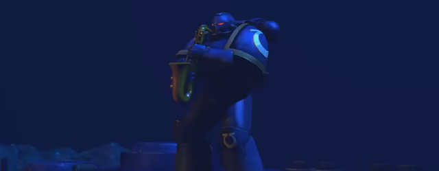 Space Marine from Warhammer 40k playing the epic sax song while dancing & riding on top of a flamer tank which is firing and shooting a flamethrower in battle