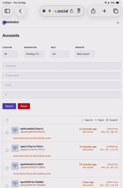 Short screen captured video of me scrolling through a list of attempted signups from this godforsaken bot.