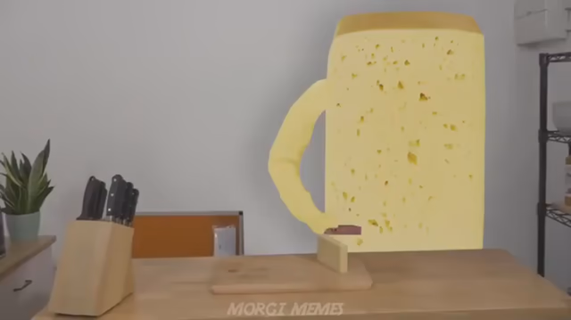 James May talks about cheese clip, except it's now a block of cheese with arms banging a block of "James May" on the cutting board