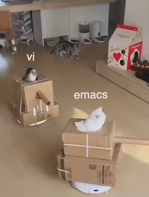 2 cats (vi & emacs) in battling in cardboard tanks on robotic vacuum cleaners (vi wins o/c)

via: Kömbücü